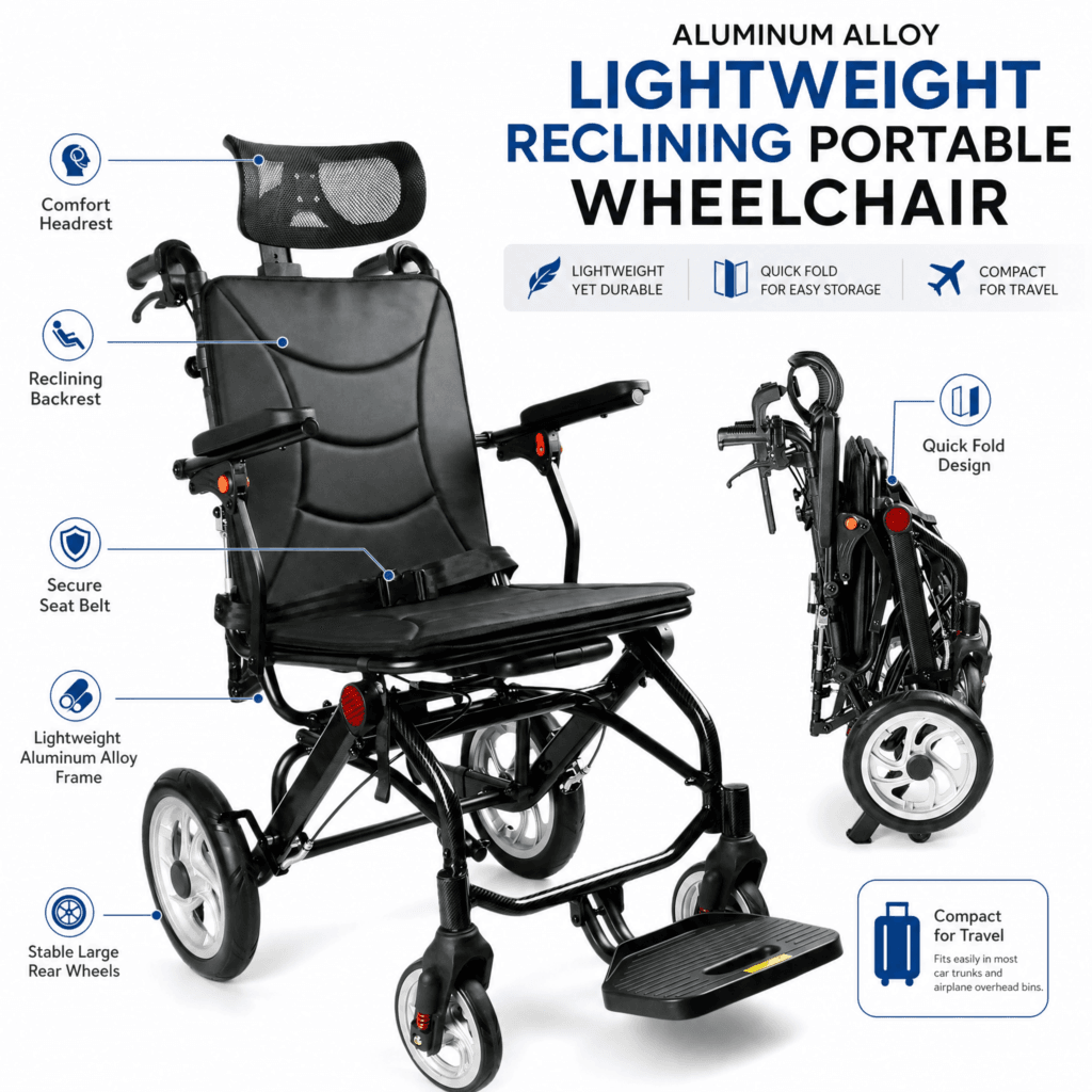 AndCare China Real Factory AC976LG-12 folding design and carbon fiber hydrographic print frame Aluminum Lightweight Reclining Travel Wheelchair Amazon Hot Selling Supplier OEM Wholesale ISO 13485 CE FDA
