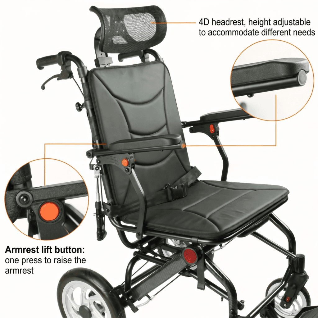 AndCare China Real Factory AC976LG-12 reclining backrest and black leather detail Aluminum Lightweight Reclining Travel Wheelchair Amazon Hot Selling Supplier OEM Wholesale ISO 13485 CE FDA