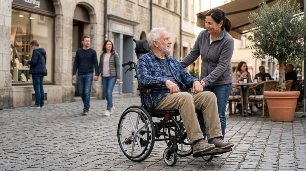 AndCare China Real Factory AC976LG-20B Lightweight Reclining Travel Wheelchair Caregiver Companion Elderly Outdoor Amazon Hot Selling Supplier OEM Wholesale ISO 13485 CE FDA