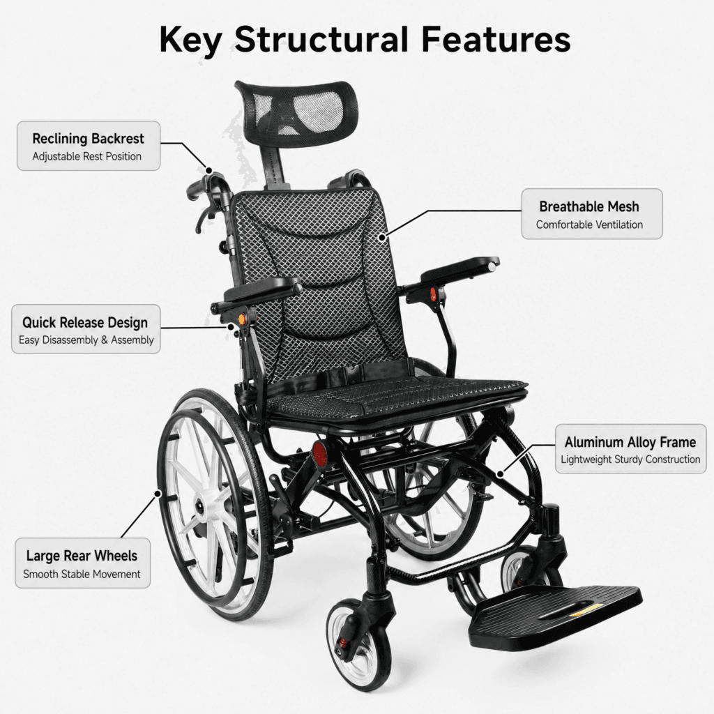 AndCare China Real Factory AC976LG-20B Reclining Backrest Breathable Mesh Quick Release Aluminum Frame Large Rear Wheels Amazon Hot Selling Supplier OEM Wholesale ISO 13485 CE FDA