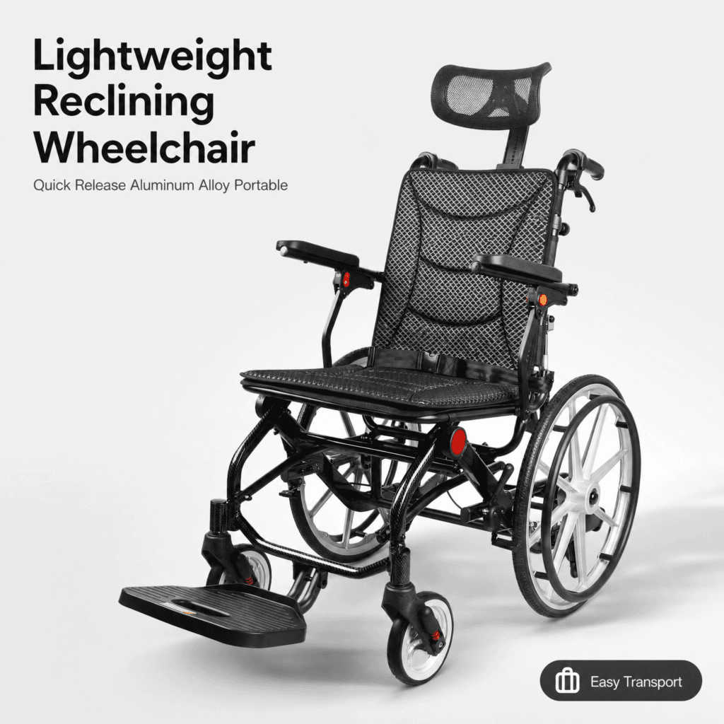 AndCare China Real Factory AC976LG-20B Lightweight Reclining Travel Wheelchair Quick Release Aluminum Alloy Portable for Elderly and Disabled Amazon Hot Selling Supplier OEM Wholesale ISO 13485 CE FDA