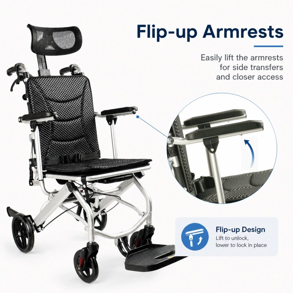 AndCare China Real Factory AC976LG-8 adjustable headrest and silver mesh fabric Aluminum Lightweight Reclining Travel Wheelchair Amazon Hot Selling Supplier OEM Wholesale ISO 13485 CE FDA