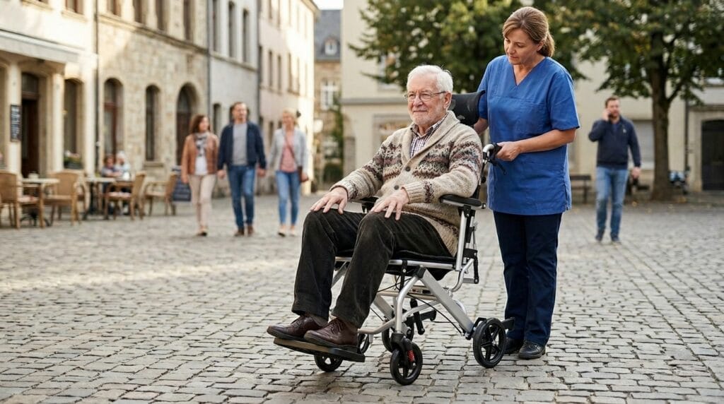 AndCare China Real Factory AC976LG-8 elderly travel scene with lightweight aluminum reclining travel wheelchair Aluminum Lightweight Reclining Travel Wheelchair Amazon Hot Selling Supplier OEM Wholesale ISO 13485 CE FDA