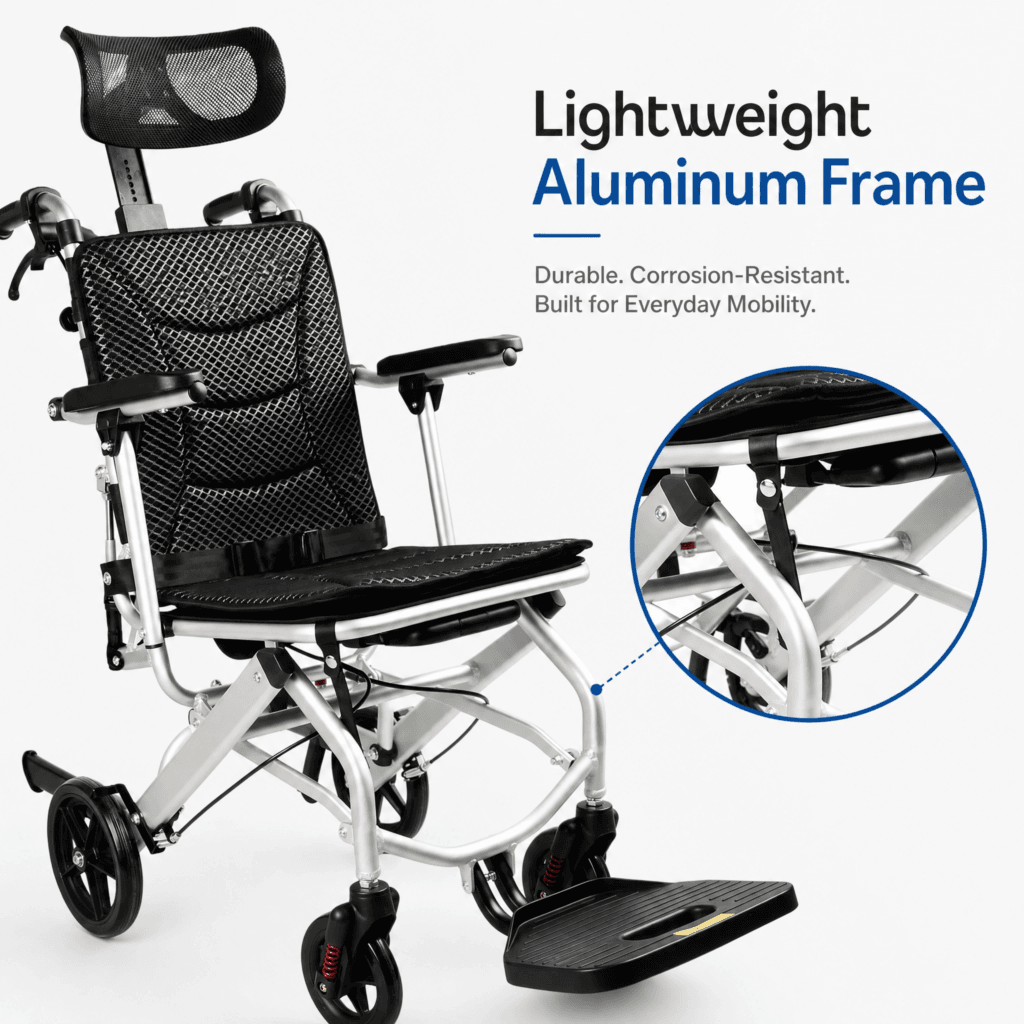 AndCare China Real Factory AC976LG-8 folding design and reclining mechanism Aluminum Lightweight Reclining Travel Wheelchair Amazon Hot Selling Supplier OEM Wholesale ISO 13485 CE FDA