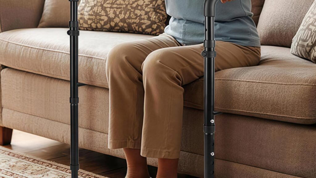 AndCare China Real Factory AC2212 person using adjustable steel sofa armrest to stand up Steel Sofa Armrest (Adjustable Width) Amazon Hot Selling Supplier OEM Wholesale ISO 13485 CE FDA