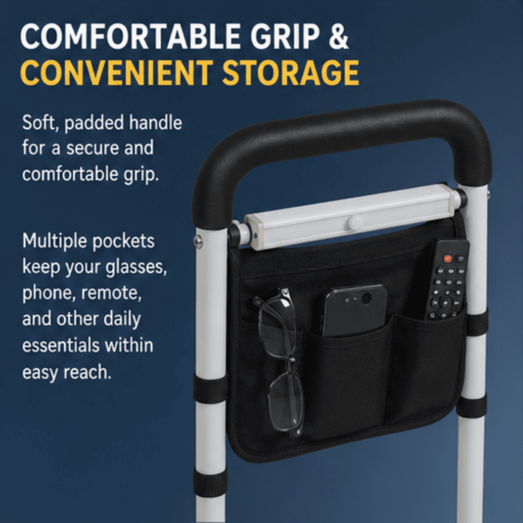 AndCare China Real Factory AC2251 comfortable grip and convenient storage multi-pocket pouch Steel Bedside Assist Rail (LED Light + Storage Pouch) Amazon Hot Selling Supplier OEM Wholesale ISO 13485 CE FDA