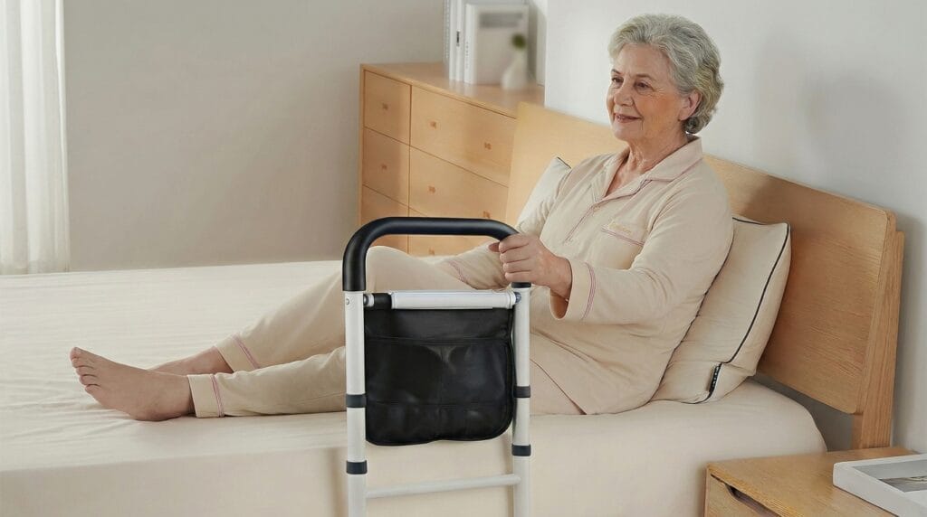 AndCare China Real Factory AC2251 elderly woman sitting on bed using bedside rail with storage Steel Bedside Assist Rail (LED Light + Storage Pouch) Amazon Hot Selling Supplier OEM Wholesale ISO 13485 CE FDA