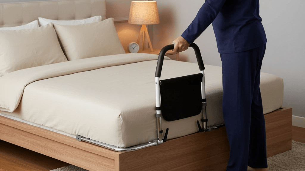 AndCare China Real Factory AC226 bedside assist rail with bright chrome base installed on bed Steel Bedside Assist Rail (Bright Chrome Base) Amazon Hot Selling Supplier OEM Wholesale ISO 13485 CE FDA