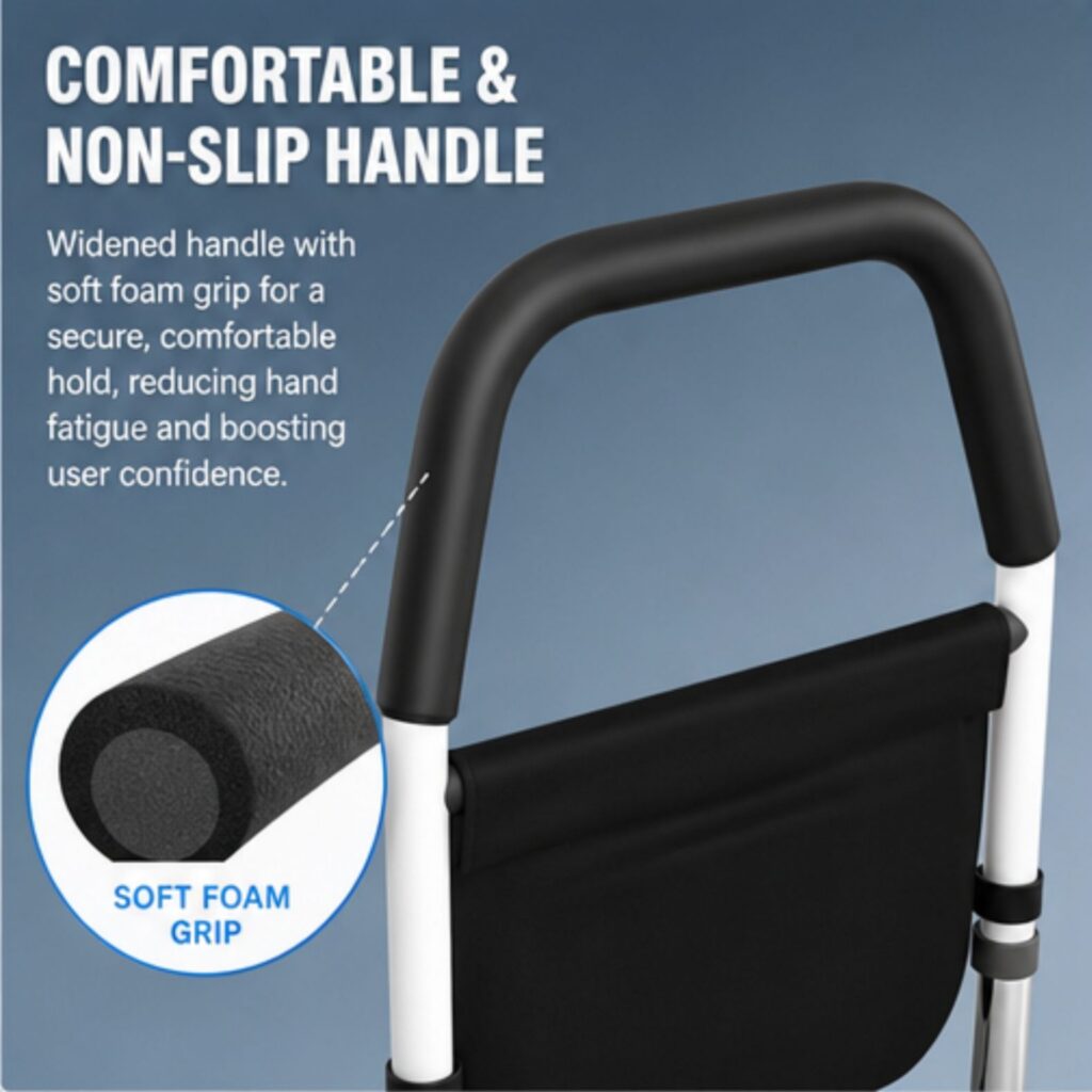 AndCare China Real Factory AC226 comfortable and non-slip handle soft foam grip Steel Bedside Assist Rail (Bright Chrome Base) Amazon Hot Selling Supplier OEM Wholesale ISO 13485 CE FDA