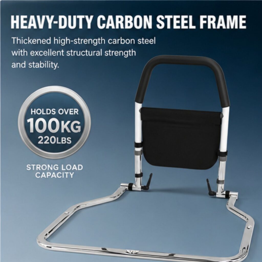 AndCare China Real Factory AC226 heavy-duty carbon steel frame 100kg 220lbs Steel Bedside Assist Rail (Bright Chrome Base) Amazon Hot Selling Supplier OEM Wholesale ISO 13485 CE FDA