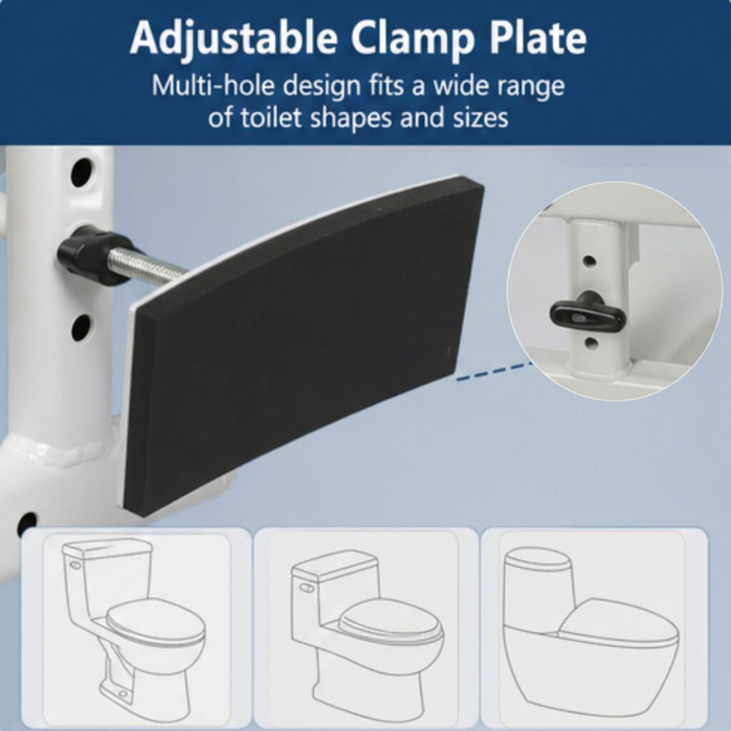 AndCare China Real Factory AC232 adjustable clamp plate multi-hole design fits various toilets Steel Toilet Safety Frame (Blue Accessories) Amazon Hot Selling Supplier OEM Wholesale ISO 13485 CE FDA