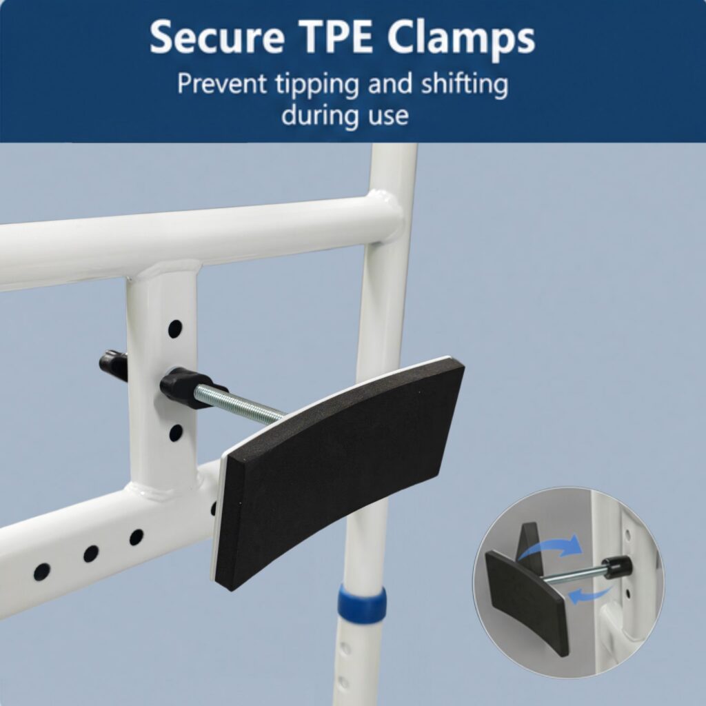 AndCare China Real Factory AC232 secure TPE clamps prevent tipping and shifting Steel Toilet Safety Frame (Blue Accessories) Amazon Hot Selling Supplier OEM Wholesale ISO 13485 CE FDA