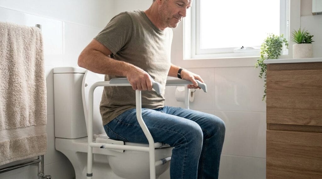 AndCare China Real Factory AC233 toilet safety frame with gray TPE grips in bathroom Steel Toilet Safety Frame (TPE Clips + Large Suction Cups) Amazon Hot Selling Supplier OEM Wholesale ISO 13485 CE FD