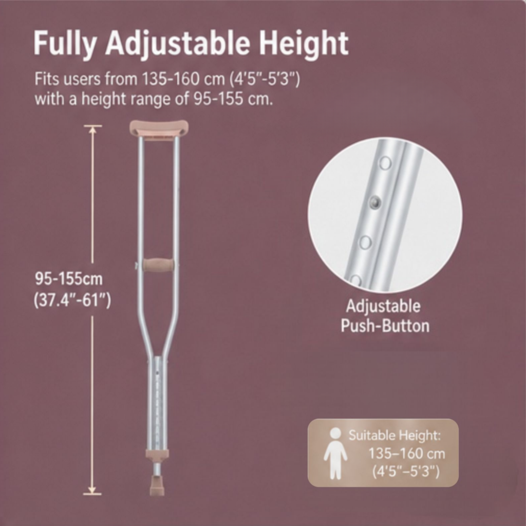 AndCare AC801L China Real Factory Aluminum Underarm Crutch Fully Adjustable Height 95-155 cm Amazon Hot Selling Supplier Manufacturer OEM Wholesale ISO 13485 CE FDA