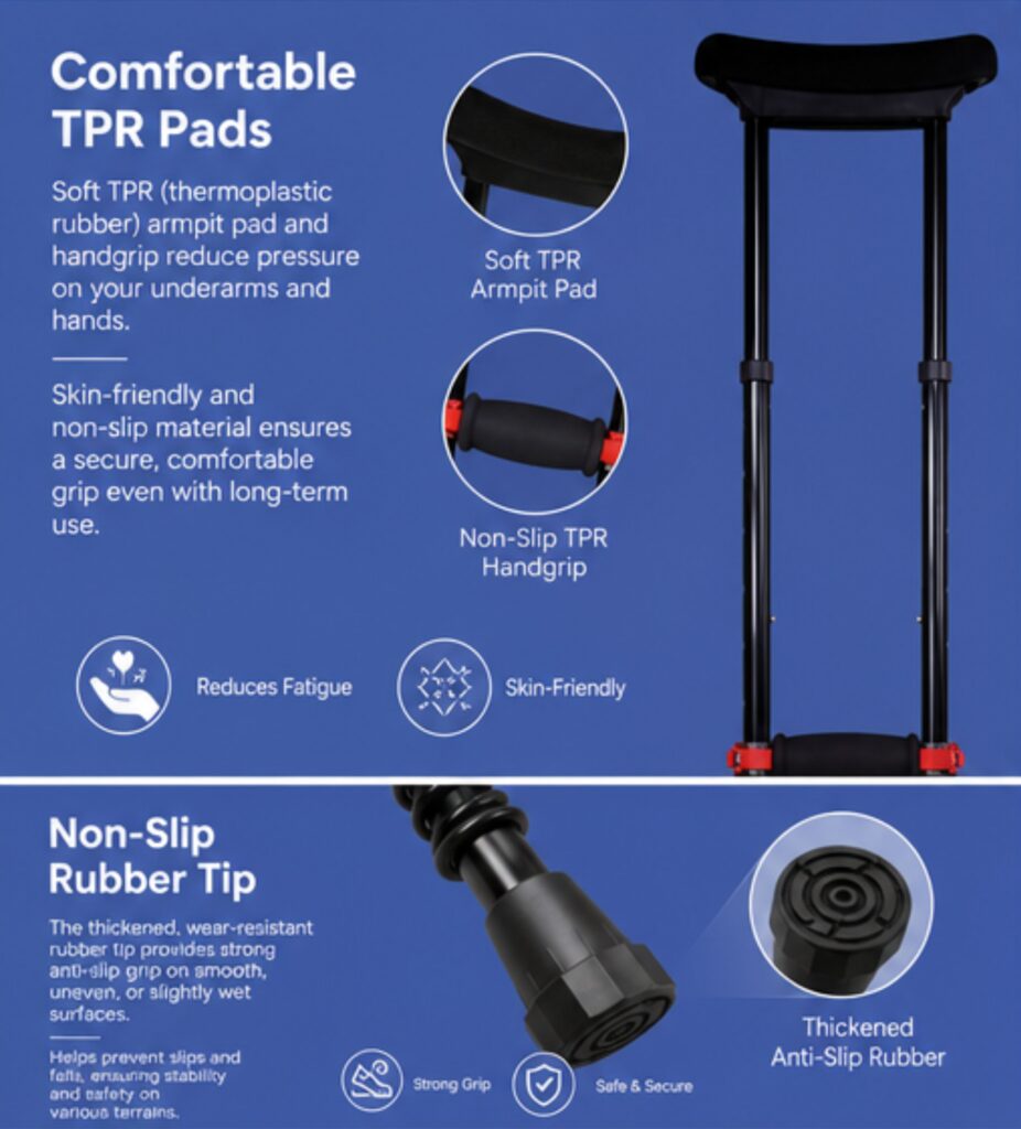 AndCare AC806L2 China Real Factory Aluminum Shock-Absorbing Underarm Crutch Comfortable TPR Pads and Non-Slip Rubber Tip Amazon Hot Selling Supplier Manufacturer OEM Wholesale ISO 13485 CE FDA