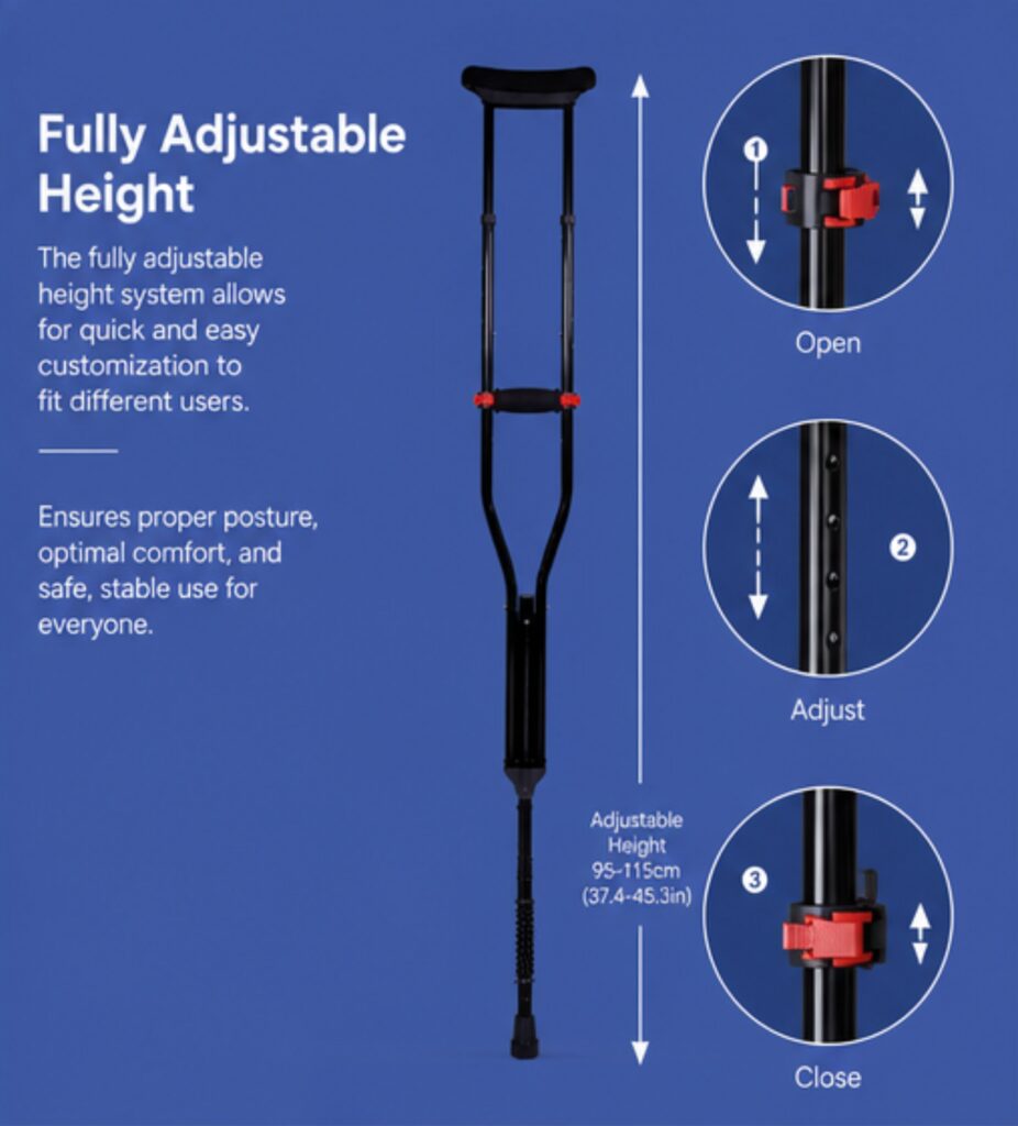 AndCare AC806L2 China Real Factory Aluminum Shock-Absorbing Underarm Crutch Fully Adjustable Height System Amazon Hot Selling Supplier Manufacturer OEM Wholesale ISO 13485 CE FDA