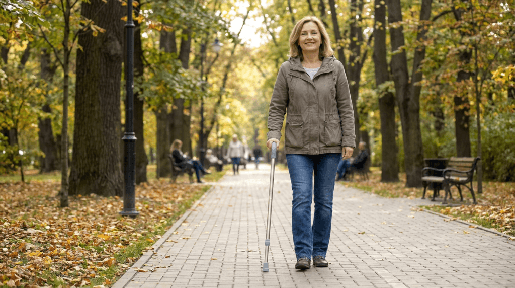AndCare AC834L1 China Real Factory Aluminum Walking Cane Suburban Neighborhood Walking Scene Amazon Hot Selling Supplier OEM Wholesale ISO 13485 CE FDA