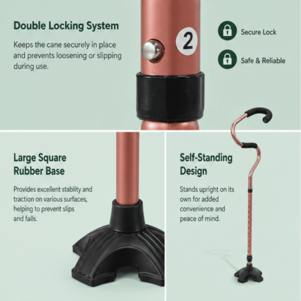 AndCare AC8381LS China Real Factory Aluminum Offset Handle Quad Cane Adjustable Handle and Base Height Amazon Hot Selling Supplier Manufacturer OEM Wholesale ISO 13485 CE FDA