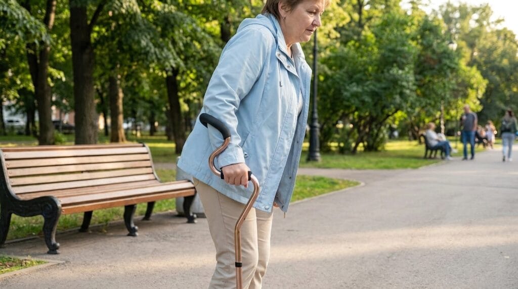 AndCare AC8381LS China Real Factory Aluminum Offset Handle Quad Cane Community Center Indoor Walking Scene Amazon Hot Selling Supplier OEM Wholesale ISO 13485 CE FDA