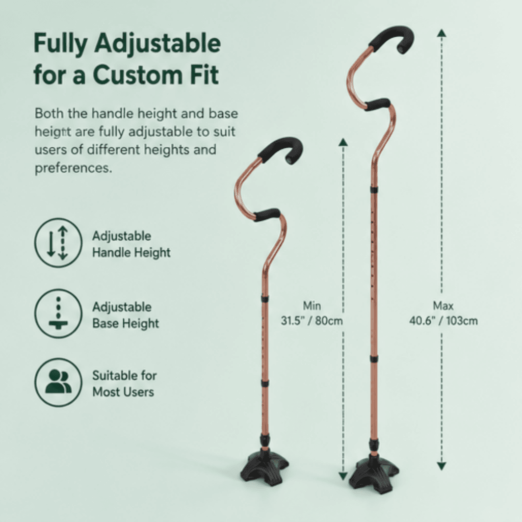 AndCare AC8381LS China Real Factory Aluminum Offset Handle Quad Cane Quad Base for Maximum Stability Amazon Hot Selling Supplier Manufacturer OEM Wholesale ISO 13485 CE FDA