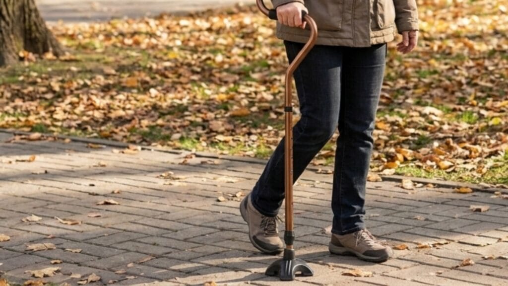 AndCare AC8382L China Real Factory Aluminum Offset Handle Quad Cane Senior Apartment Indoor Mobility Scene Amazon Hot Selling Supplier OEM Wholesale ISO 13485 CE FDA