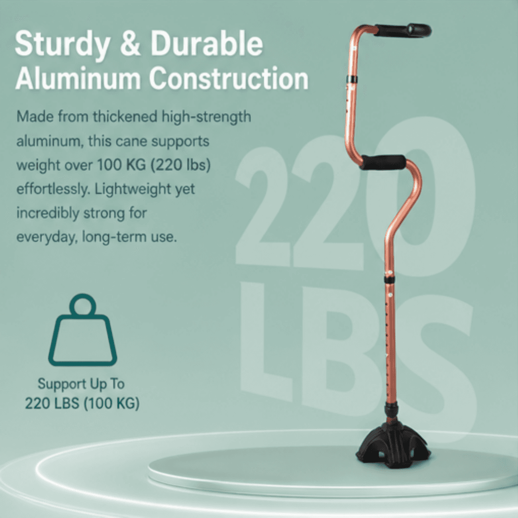 AndCare AC8382L China Real Factory Aluminum Offset Handle Quad Cane Sturdy Aluminum Construction 220 lbs Amazon Hot Selling Supplier Manufacturer OEM Wholesale ISO 13485 CE FDA