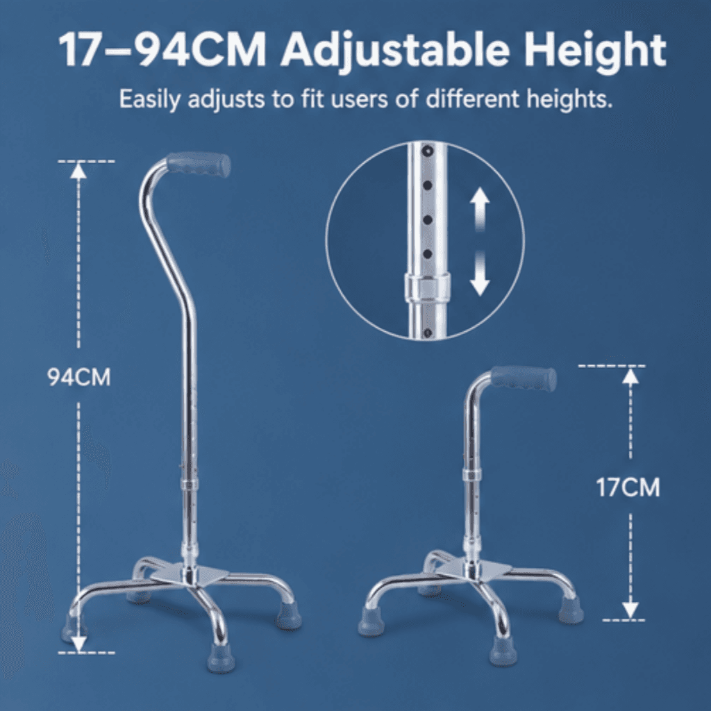 AndCare AC8411 China Real Factory Stainless Steel Quad Cane Wide Adjustable Height 17-94 cm Amazon Hot Selling Supplier Manufacturer OEM Wholesale ISO 13485 CE FDA