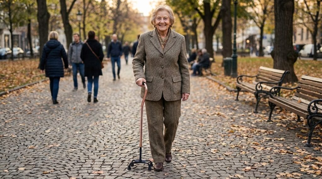AndCare AC8424 China Real Factory Aluminum Quad Cane Rehabilitation Garden Outdoor Walking Scene Amazon Hot Selling Supplier OEM Wholesale ISO 13485 CE FDA