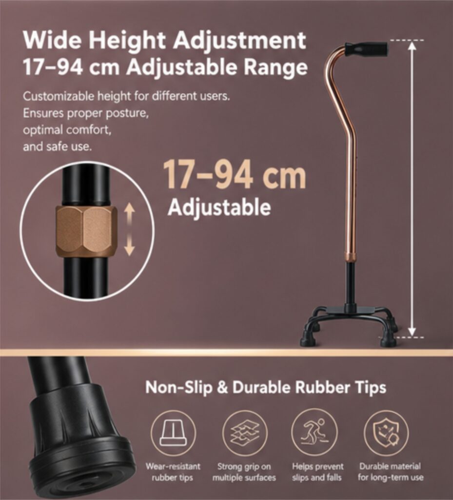 AndCare AC8424 China Real Factory Aluminum Quad Cane Wide Height Adjustment 17-94 cm Amazon Hot Selling Supplier Manufacturer OEM Wholesale ISO 13485 CE FDA
