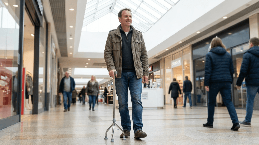 AndCare AC843 China Real Factory Stainless Steel Tripod Walking Cane Clinic Corridor Indoor Mobility Scene Amazon Hot Selling Supplier OEM Wholesale ISO 13485 CE FDA