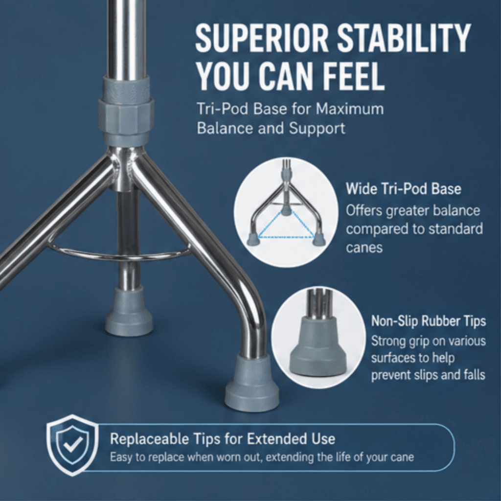 AndCare AC843 China Real Factory Stainless Steel Tripod Walking Cane Secure Locking Knob Height Adjustment Amazon Hot Selling Supplier Manufacturer OEM Wholesale ISO 13485 CE FDA