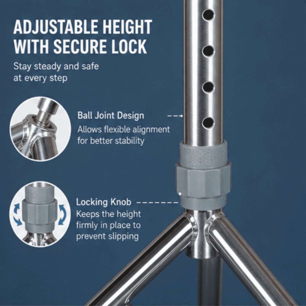 AndCare AC843 China Real Factory Stainless Steel Tripod Walking Cane Stainless Steel Ball Joint Base Amazon Hot Selling Supplier Manufacturer OEM Wholesale ISO 13485 CE FDA