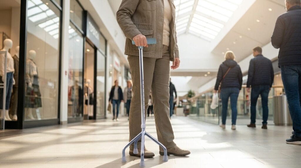 AndCare AC8432 China Real Factory Stainless Steel Tripod Walking Cane Clinic Waiting Area Indoor Mobility Scene Amazon Hot Selling Supplier OEM Wholesale ISO 13485 CE FDA