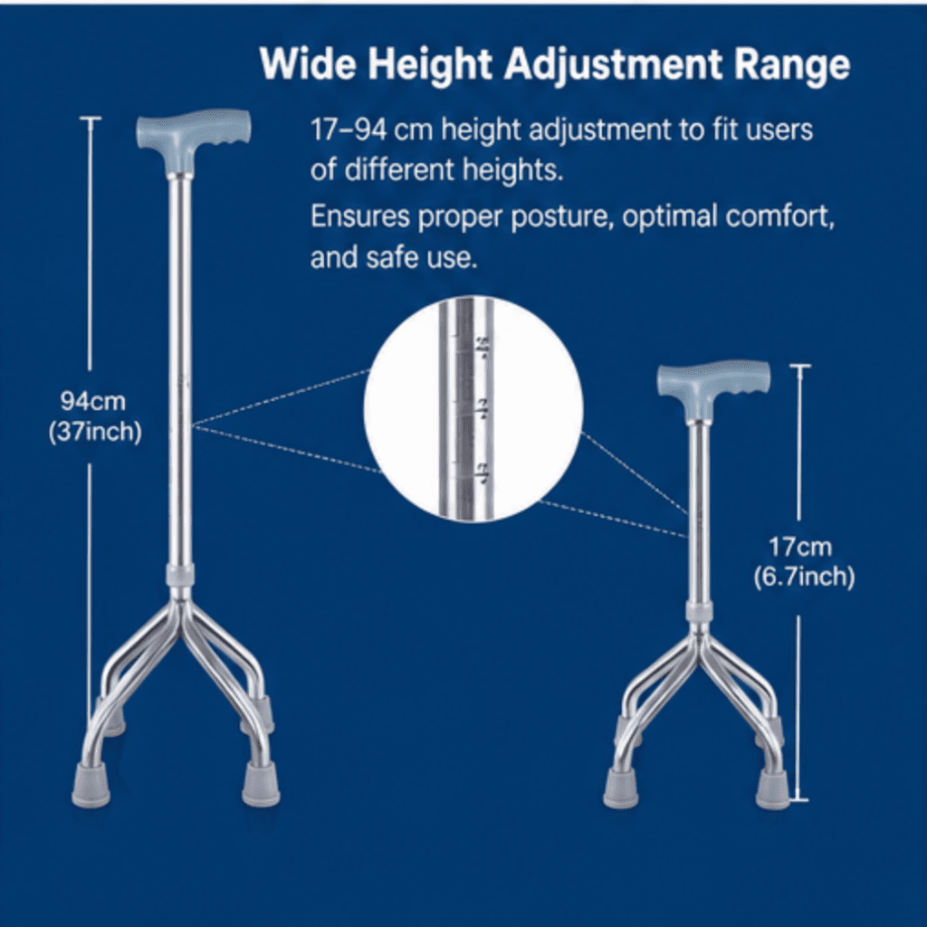 AndCare AC8432 China Real Factory Stainless Steel Tripod Walking Cane Wide Height Adjustment 17-94 cm Amazon Hot Selling Supplier Manufacturer OEM Wholesale ISO 13485 CE FDA