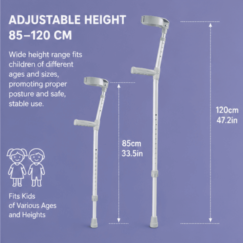 AndCare AC854L China Real Factory Pediatric Aluminum Forearm Crutch Adjustable Height 85-120 cm for Kids Amazon Hot Selling Supplier Manufacturer OEM Wholesale ISO 13485 CE FDA