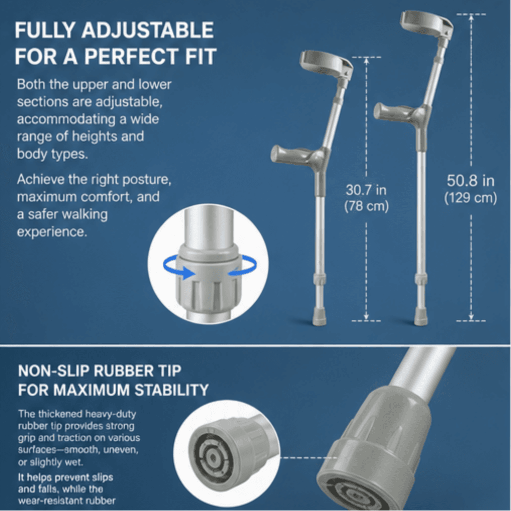 AndCare AC854L1 China Real Factory Aluminum Forearm Crutch Adjustable Height 78-129 cm Amazon Hot Selling Supplier Manufacturer OEM Wholesale ISO 13485 CE FDA