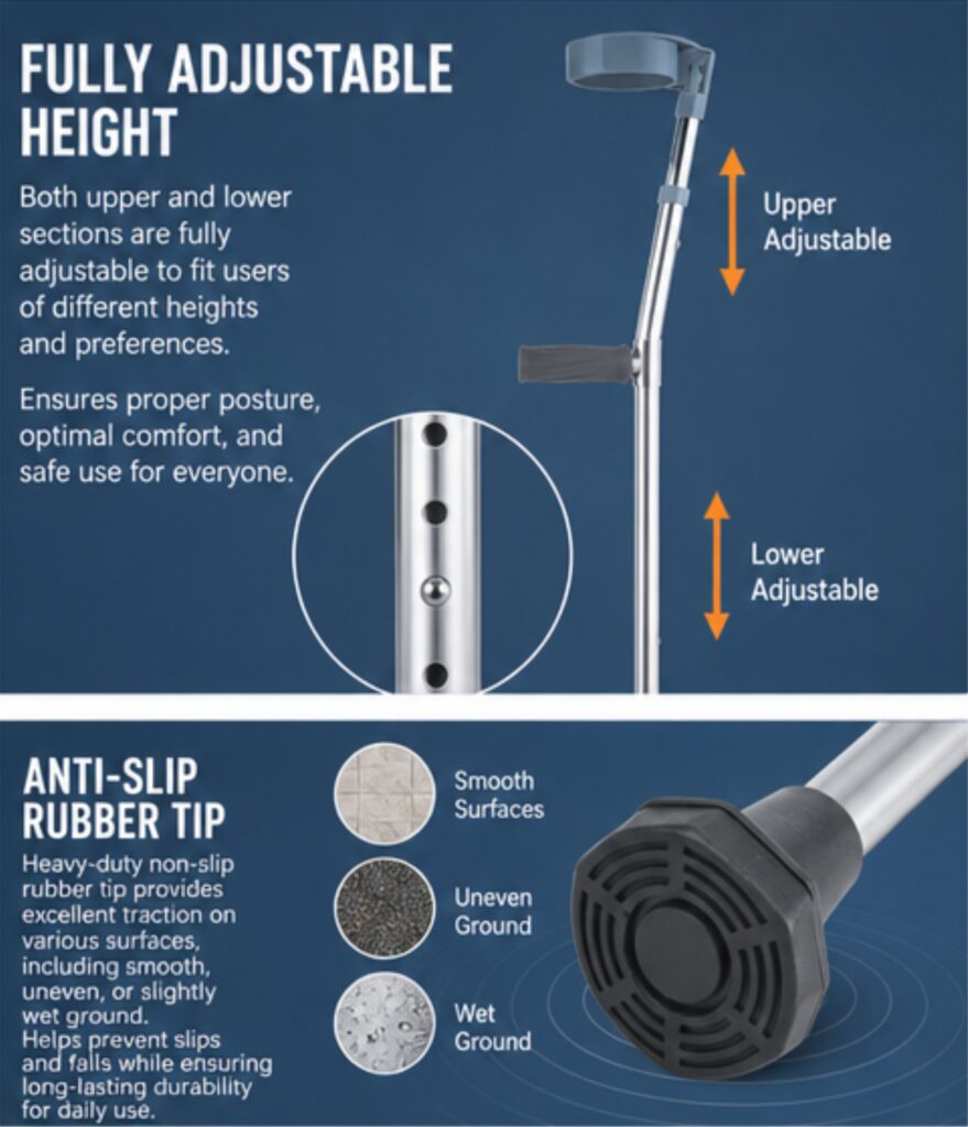 AndCare AC854L2 China Real Factory Aluminum Forearm Crutch Fully Adjustable Upper and Lower Sections Amazon Hot Selling Supplier Manufacturer OEM Wholesale ISO 13485 CE FDA