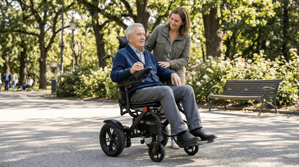 AndCare caregiver assisting senior with electric wheelchair