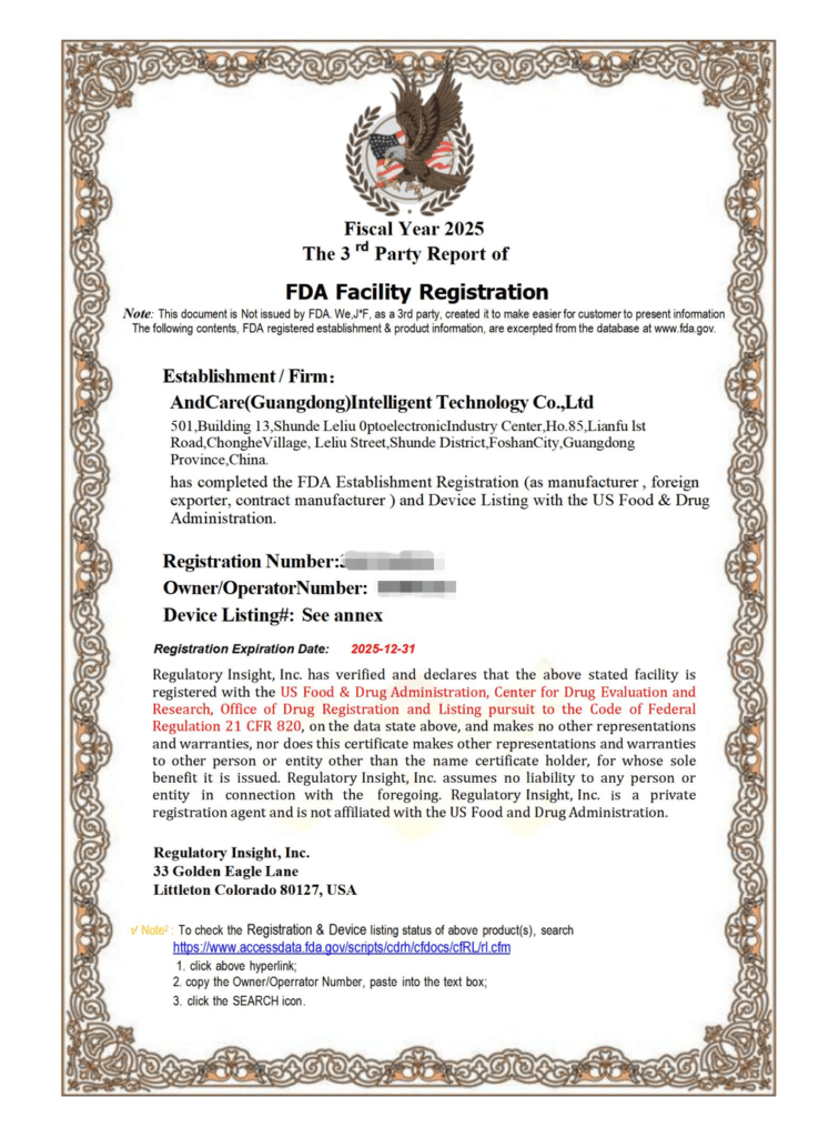 FDA registration and compliance for AndCare Guangdong rehabilitation equipment manufacturer