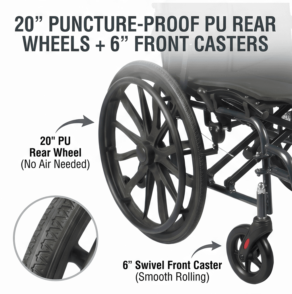 AndCare China Real Factory AC909L(20) 20 Inch Puncture-Proof PU Rear Wheels 6 Inch Front Casters Smooth Ride Aluminum Ergonomic Manual Wheelchair Amazon Hot Selling Supplier OEM Wholesale ISO 13485 CE FDA