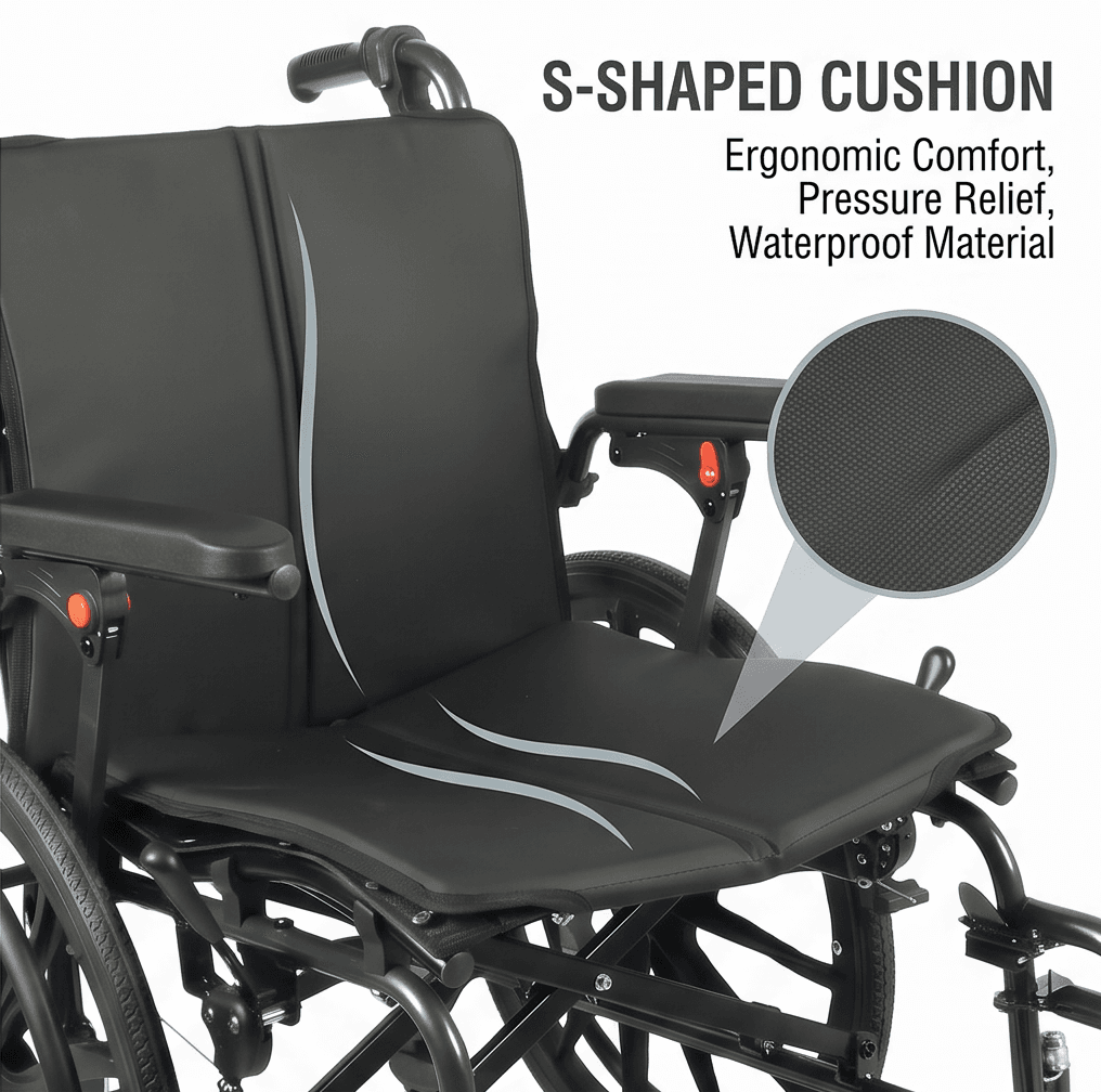 AndCare China Real Factory AC909L(20) S-Shaped Ergonomic Cushion Split Leather Comfort Support Aluminum Manual Wheelchair Amazon Hot Selling Supplier OEM Wholesale ISO 13485 CE FDA