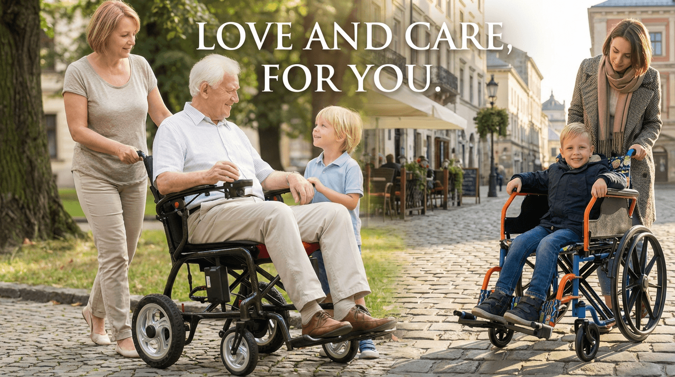 AndCare care philosophy banner showing caregivers assisting seniors in wheelchairs outdoors with "Care and Joy for You" message