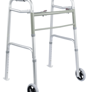 Adjustable aluminum walking aid with front auxiliary wheels and rear anti-slip tips for elderly daily mobility support.