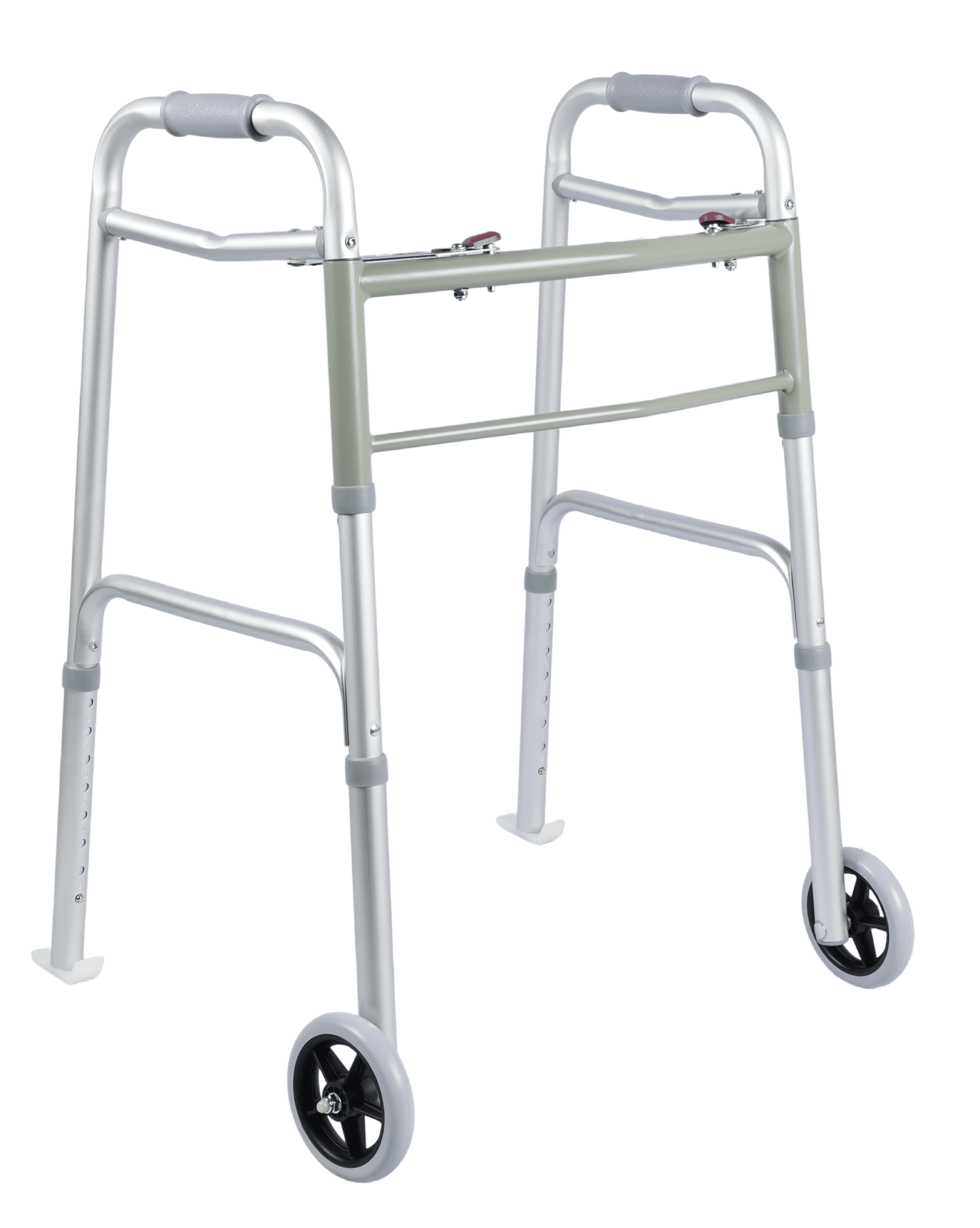Adjustable aluminum walking aid with front auxiliary wheels and rear anti-slip tips for elderly daily mobility support.