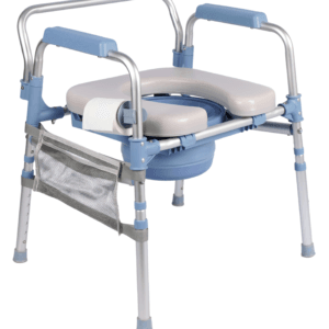 Aluminum folding commode chair with ergonomic cushion, quick-disassembly structure and removable washable commode bucket.