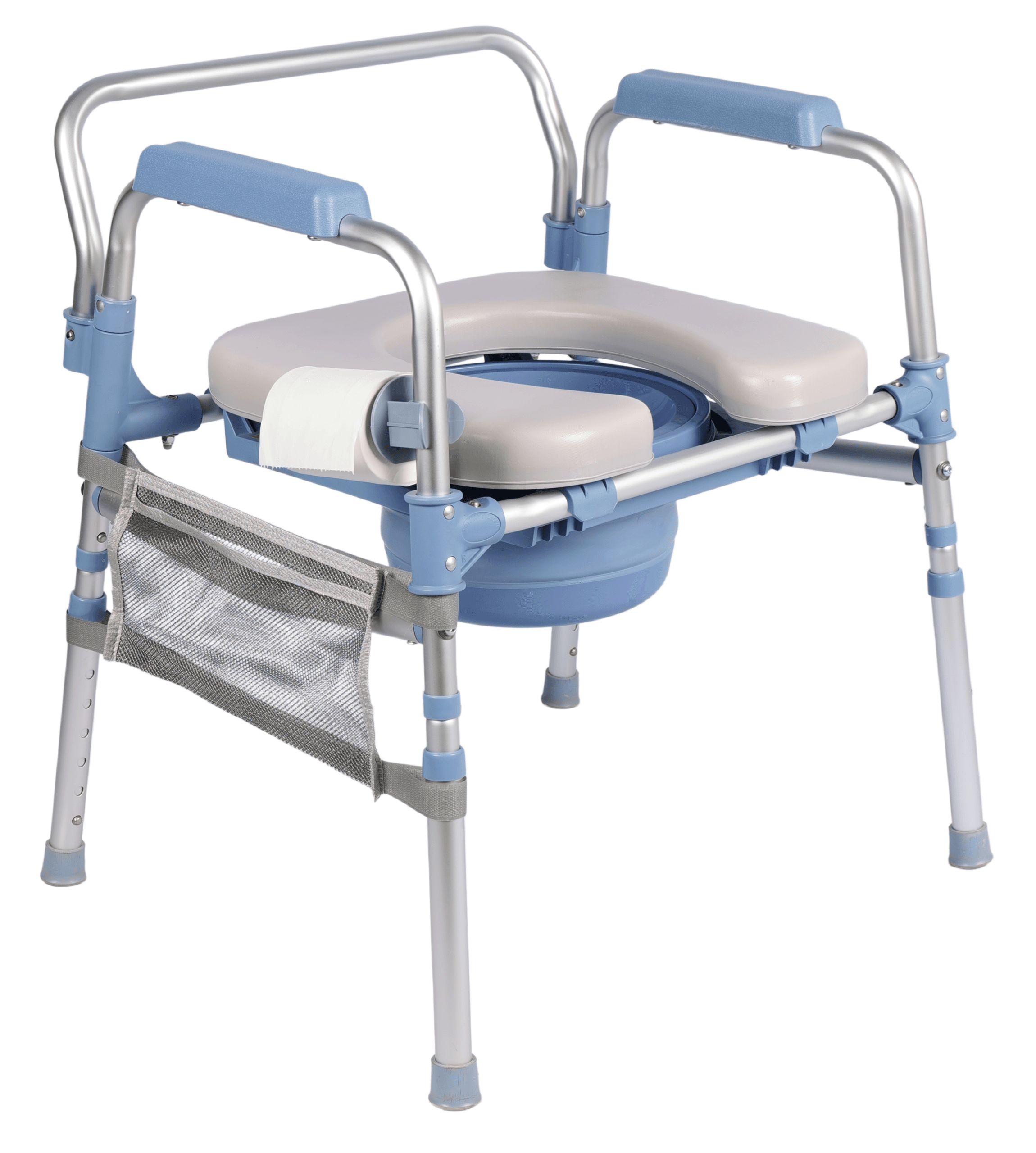 Aluminum folding commode chair with ergonomic cushion, quick-disassembly structure and removable washable commode bucket.