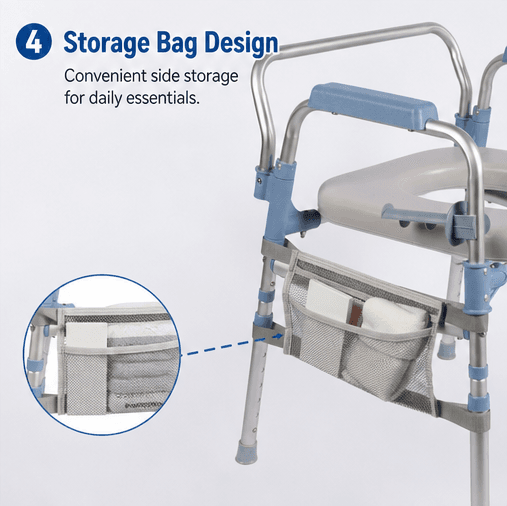 AndCare China Real Factory AC618LK3 Side Storage Bag Design Convenient Daily Essentials Tissues Incontinence Pads Folding Commode Chair Amazon Hot Selling Supplier OEM Wholesale ISO 13485 CE FDA