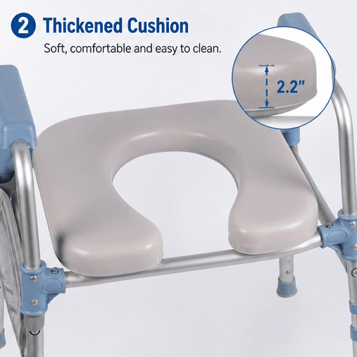 AndCare China Real Factory AC618LK3 Thickened Cushion 2.2 Inch Soft Comfortable Easy Clean Toilet-Shaped Seat Folding Commode Chair Amazon Hot Selling Supplier OEM Wholesale ISO 13485 CE FDA