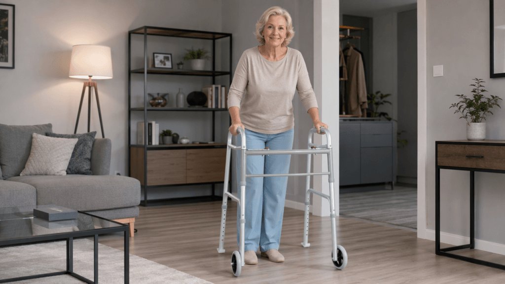 AndCare China Real Factory AC821L-5 Aluminum Walker Senior Woman Indoor Home Use Lightweight Foldable Mobility Aid 100kg Load 2.8kg Amazon Hot Selling Supplier OEM Wholesale ISO 13485 CE FDA