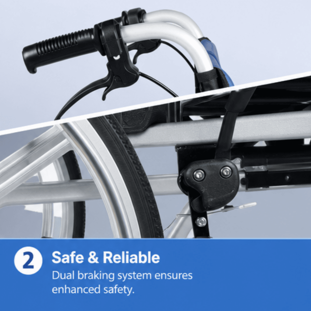 AndCare China Real Factory AC8632L3(20) Safe Reliable Dual Braking System Easy Grip Push Handle Enhanced Safety Aluminum Lightweight Manual Wheelchair Amazon Hot Selling Supplier OEM Wholesale ISO 13485 CE FDA